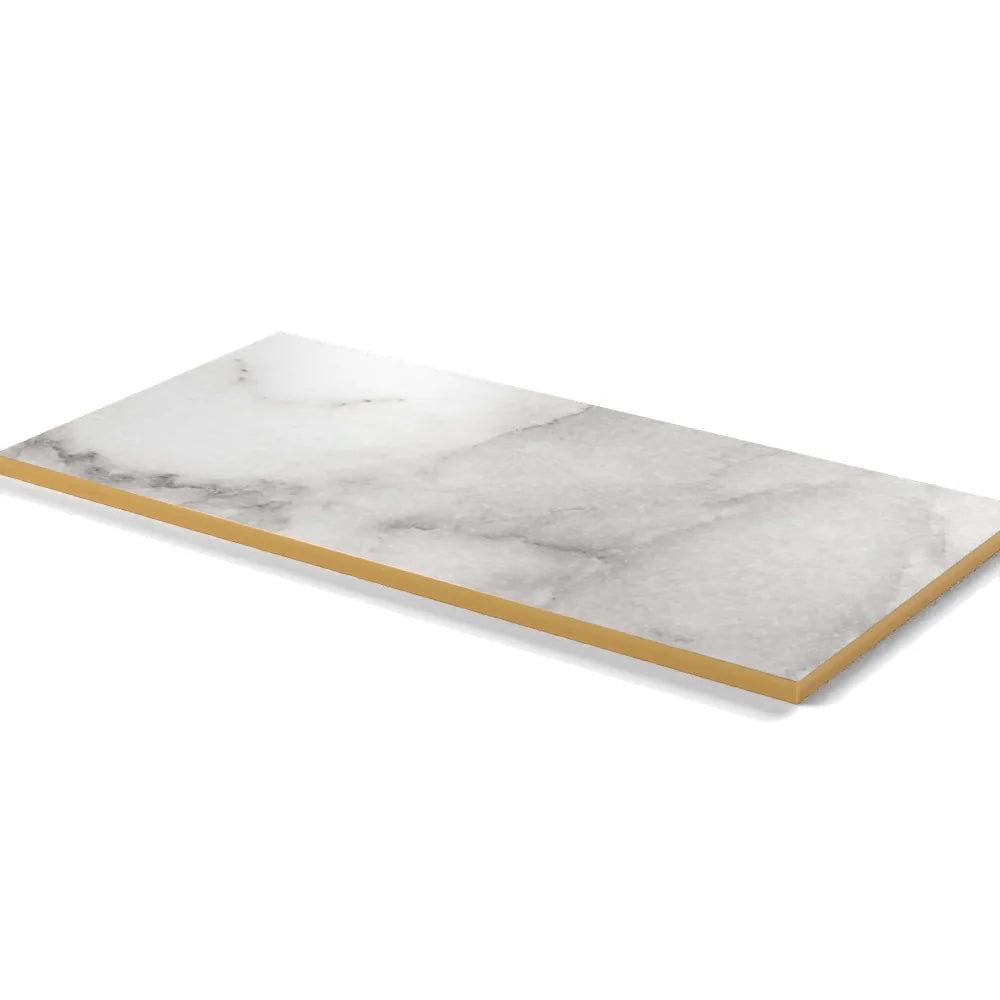 Plateau stratifié Brasserie rectangulaire 28 mm — décor Marbre Veneto, chant PVC effet laiton