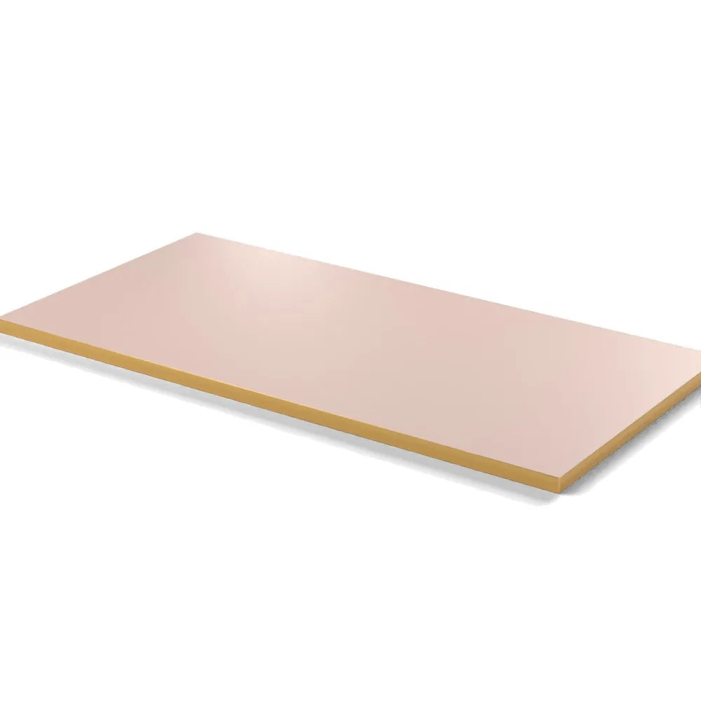 Plateau stratifié Brasserie rectangulaire 28 mm — décor Rose Givré, chant PVC effet laiton