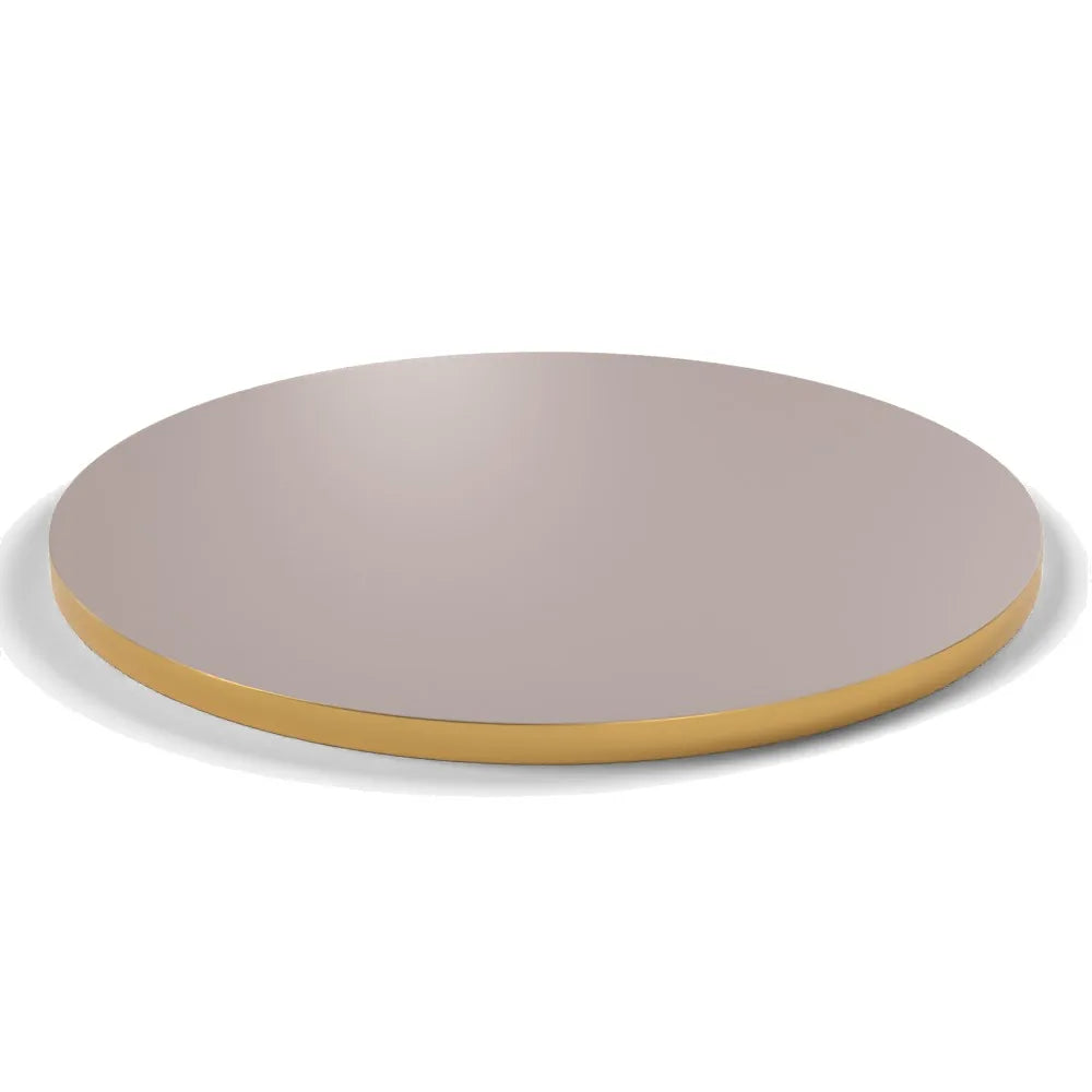 Plateau stratifié Brasserie rond 28 mm — décor Beige Nude, chant PVC effet laiton