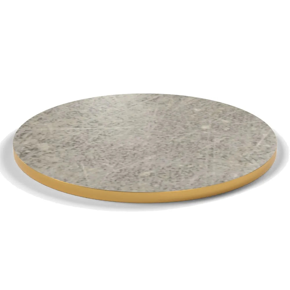 Plateau stratifié Brasserie rond 28 mm — décor Béton Griffé, chant PVC effet laiton