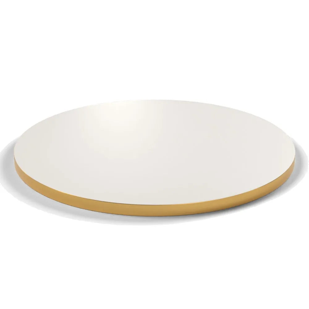 Plateau stratifié Brasserie rond 28 mm — décor Bianco Ghiaccio, chant PVC effet laiton