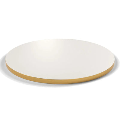 Plateau stratifié Brasserie rond 28 mm — décor Bianco Ghiaccio, chant PVC effet laiton