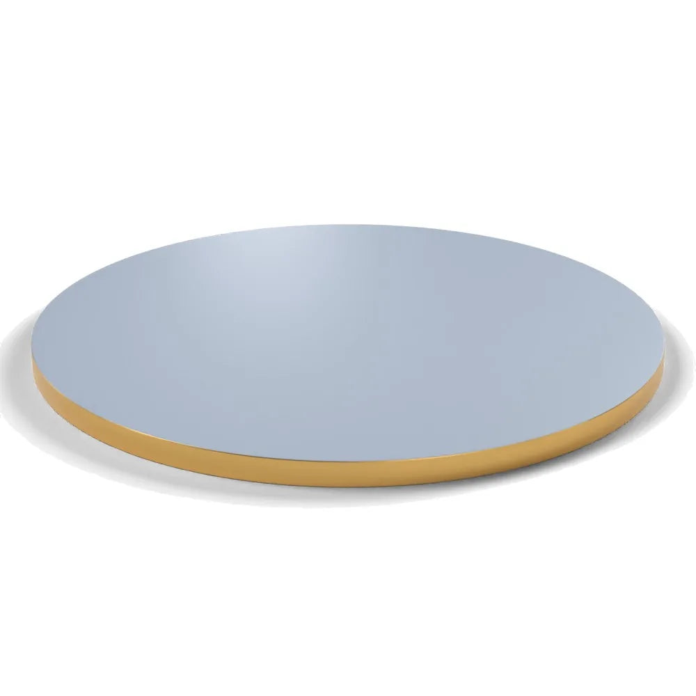 Plateau stratifié Brasserie rond 28 mm — décor Bleu Oslo, chant PVC effet laiton