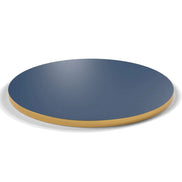Plateau stratifié Brasserie rond 28 mm — décor Bleu Velvet, chant PVC effet laiton