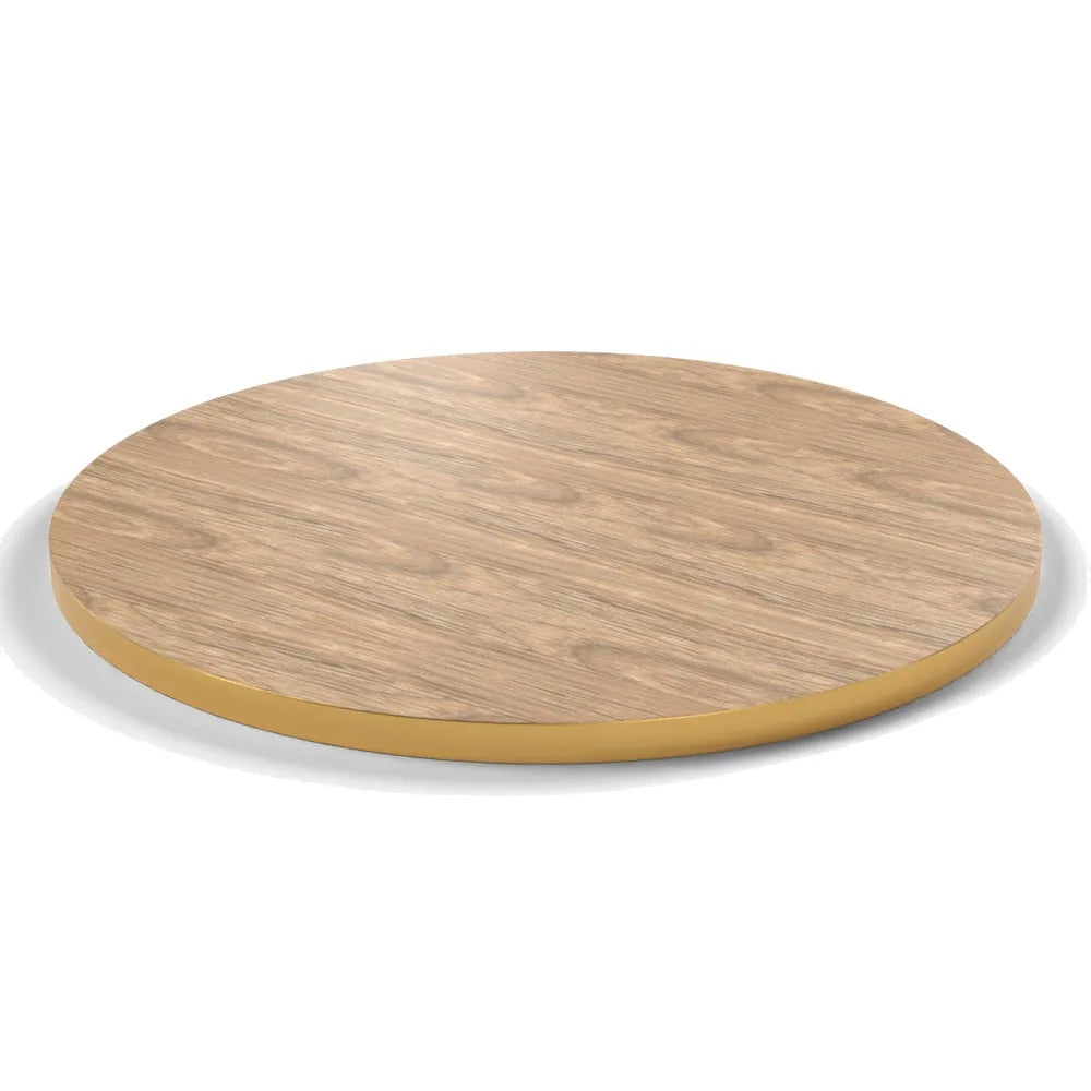 Plateau stratifié Brasserie rond 28 mm — décor Chêne Vendôme, chant PVC effet laiton