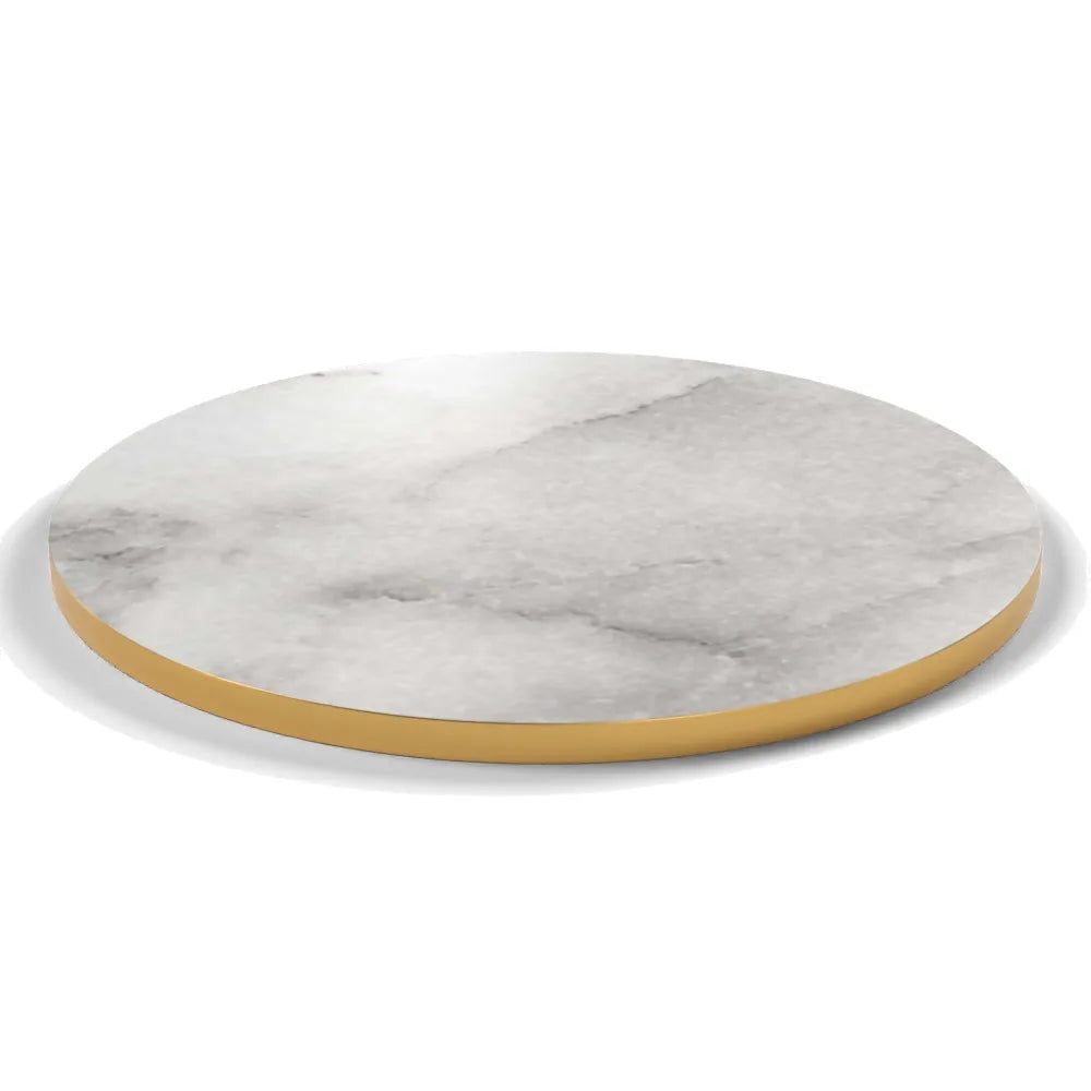 Plateau stratifié Brasserie rond 28 mm — décor Marbre Veneto, chant PVC effet laiton