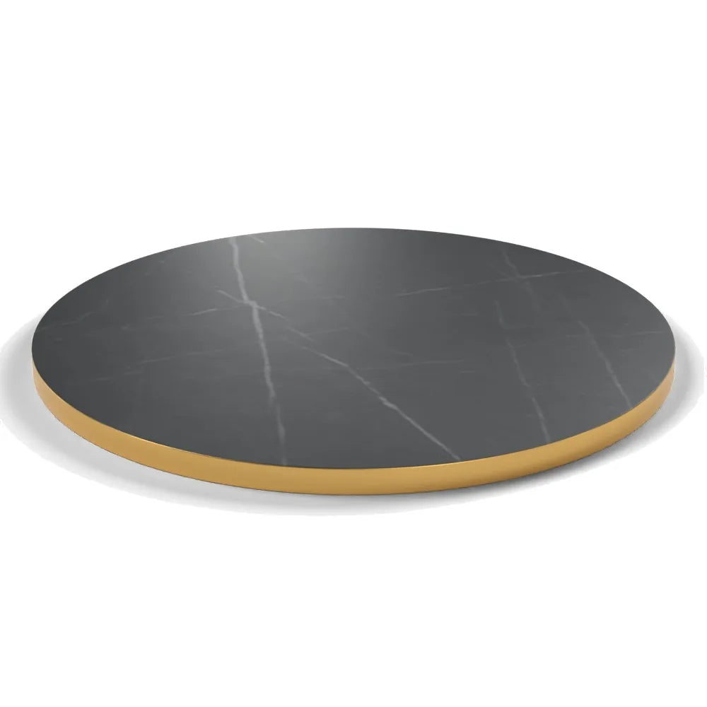Plateau stratifié Brasserie rond 28 mm — décor Nero Grafite, chant PVC effet laiton