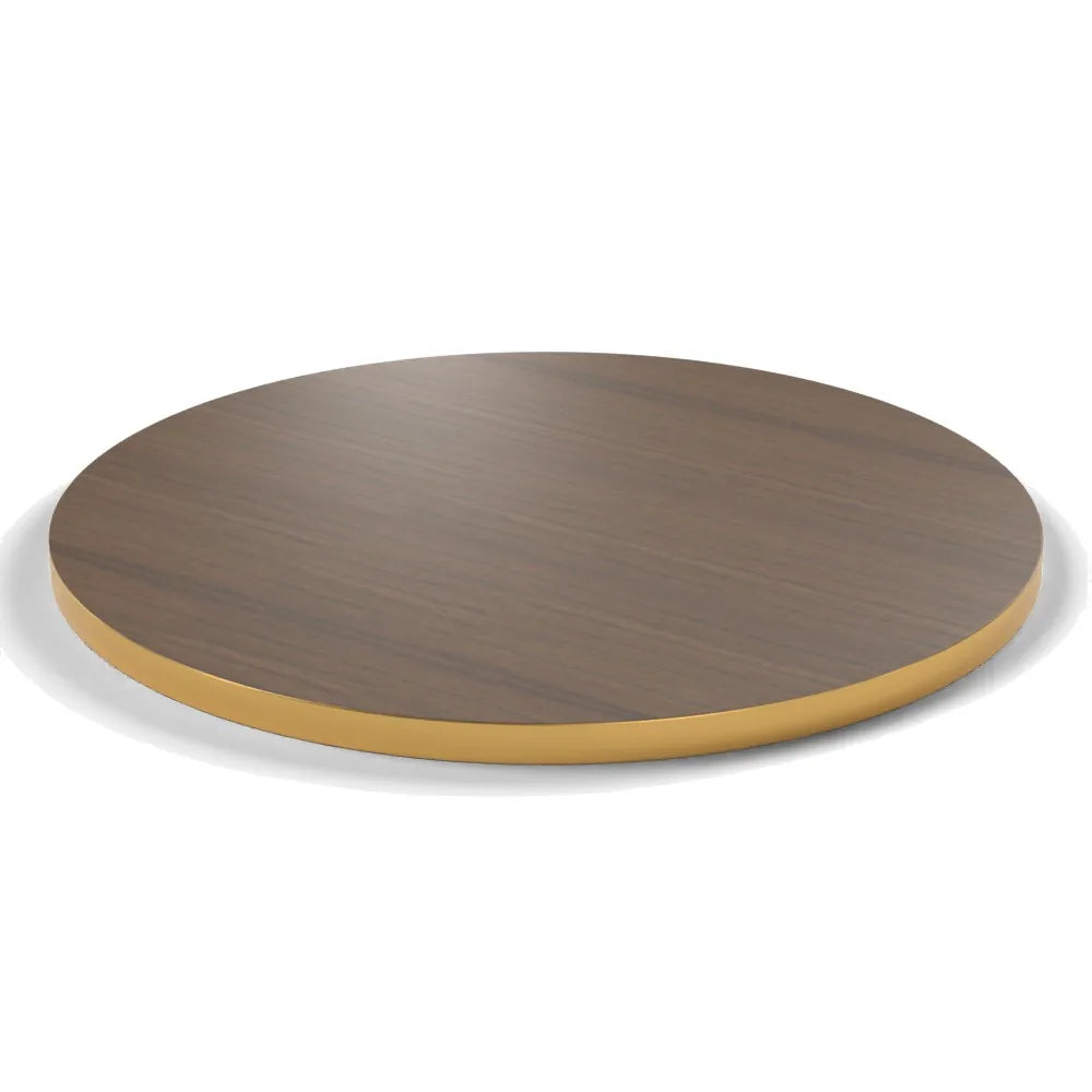 Plateau stratifié Brasserie rond 28 mm — décor Noisetier Brun, chant PVC effet laiton