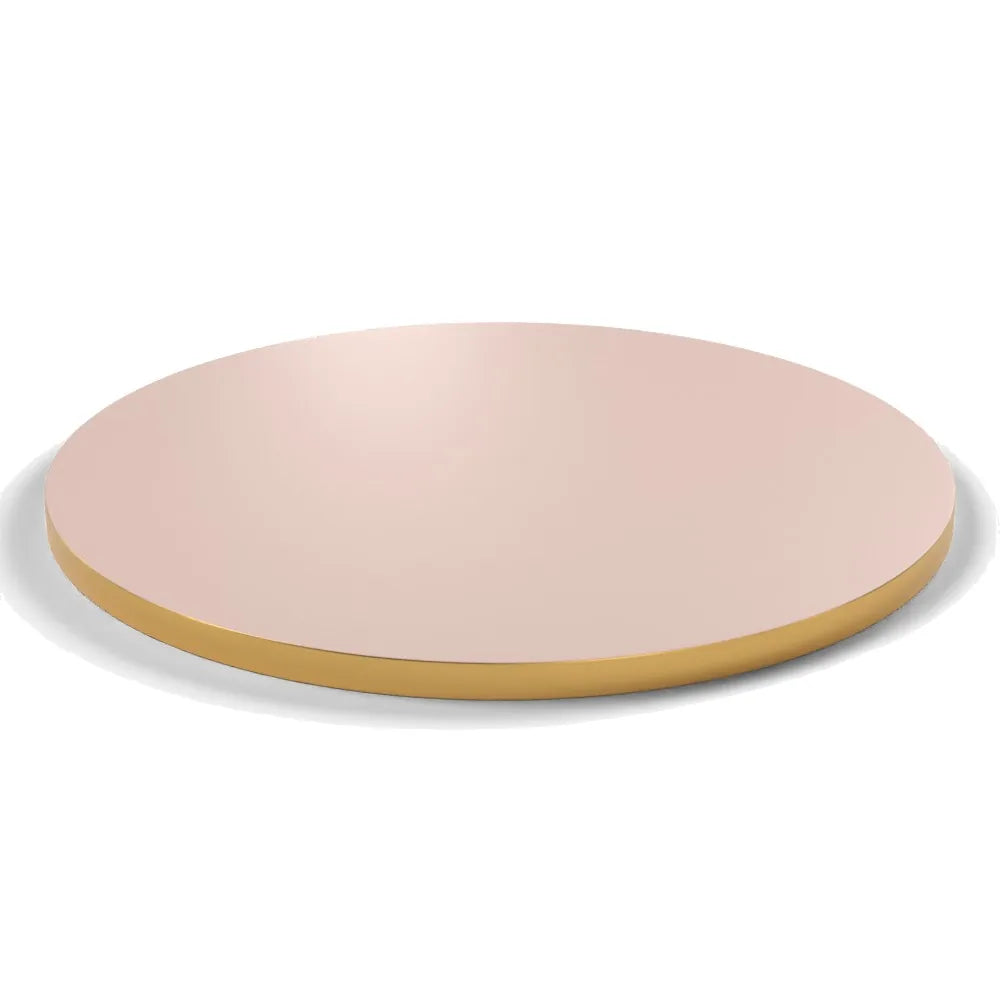 Plateau stratifié Brasserie rond 28 mm — décor Rose Givré, chant PVC effet laiton