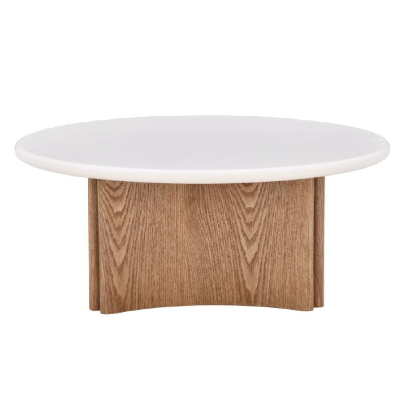 Table basse Arlo Ø80 cm microciment — Blanc crème & chêne — vue d'ensemble