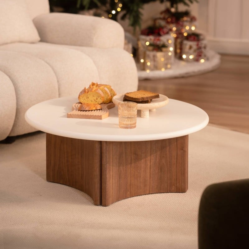Table basse Arlo Ø80 cm microciment — Blanc crème & chêne