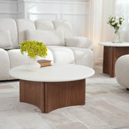 Table basse Arlo Ø80 cm microciment — Blanc crème & noyer