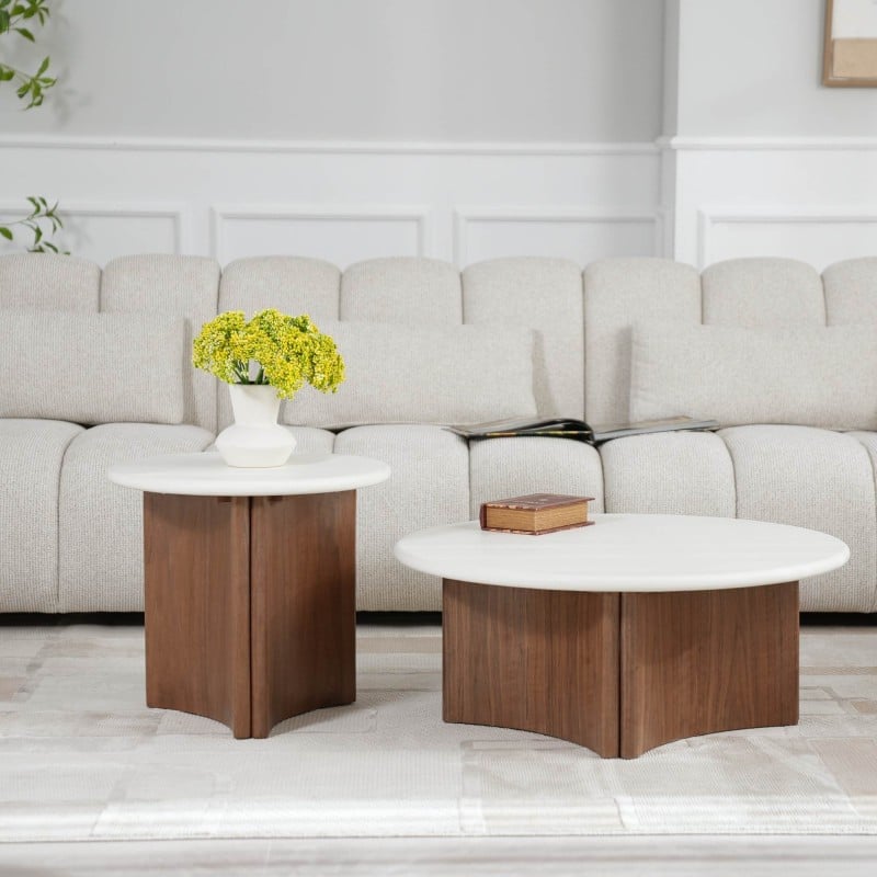 Table basse Arlo Ø80 cm microciment — Blanc crème & noyer