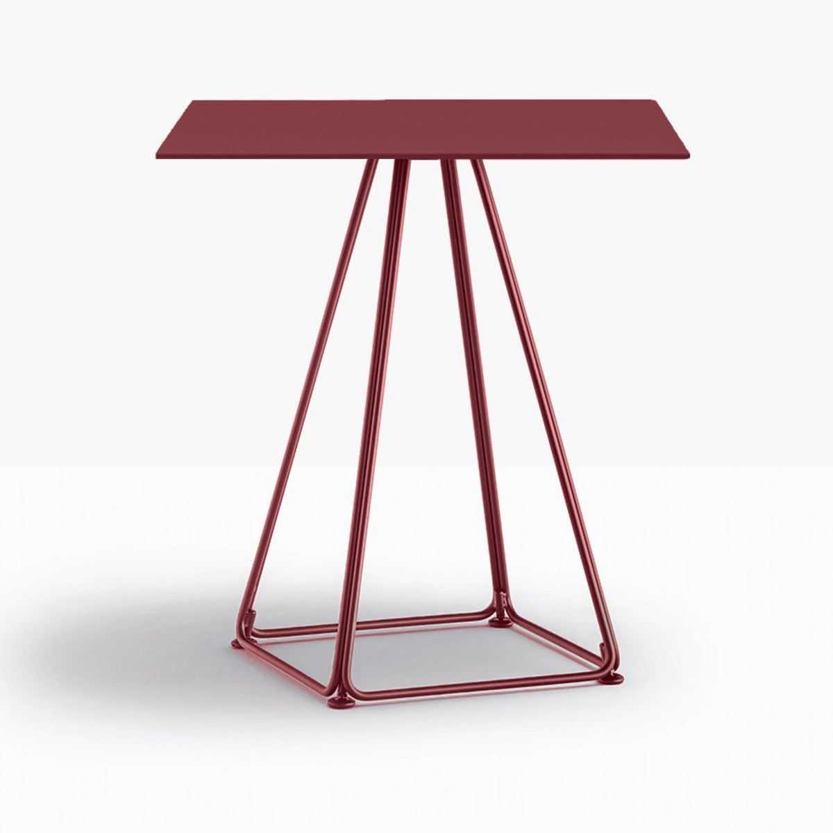 Table complète carrée Lunar Pedrali — plateau acier et piètement fil d'acier coloris Bordeaux RO300
