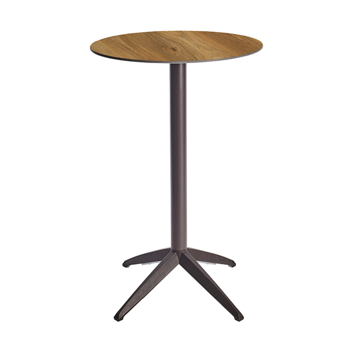 Table haute Quatro High Fix Ezpeleta ronde, structure moka, plateau chêne foncé