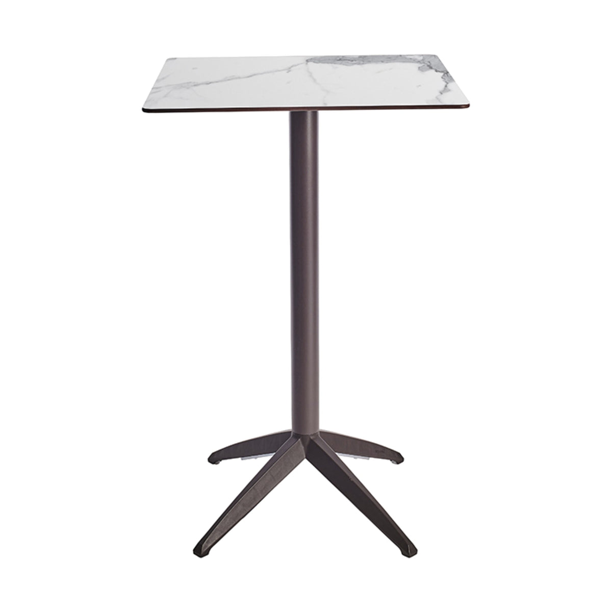Table haute Quatro High Fix Ezpeleta, structure moka, plateau marbre blanc