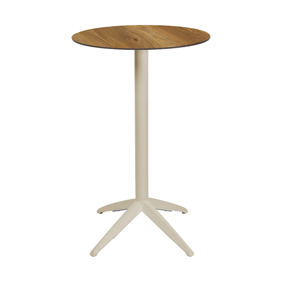 Table haute Quatro High Fix Ezpeleta ronde, structure sand, plateau chêne foncé